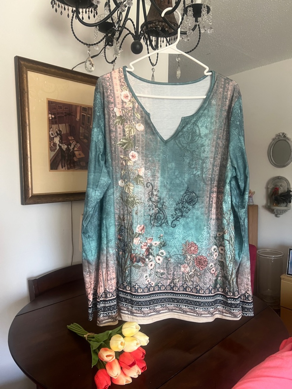 Women's Teal Floral Long-Sleeve V-Neck Top